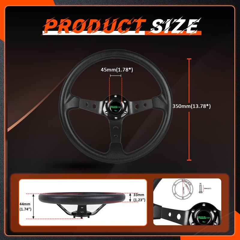 RASTP Universal Racing Steering Wheel,Drifting Deep Dish Steering Wheel 13.8â€/350mm 6 Bolts Grip Vinyl Leather & Aluminum with Horn Button for Car -Black - Image 5